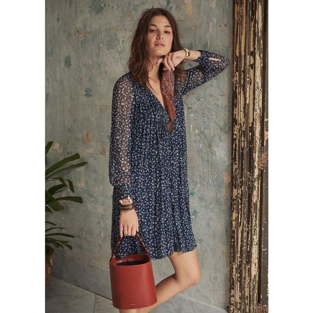 SEZANE Joe Dress Mini Dotty Flowers Sz Small Navy Blue White Long Sleeve Floral